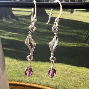 Vintage Sterling Silver Dangle Earrings Faceted Purple Bead NOS
